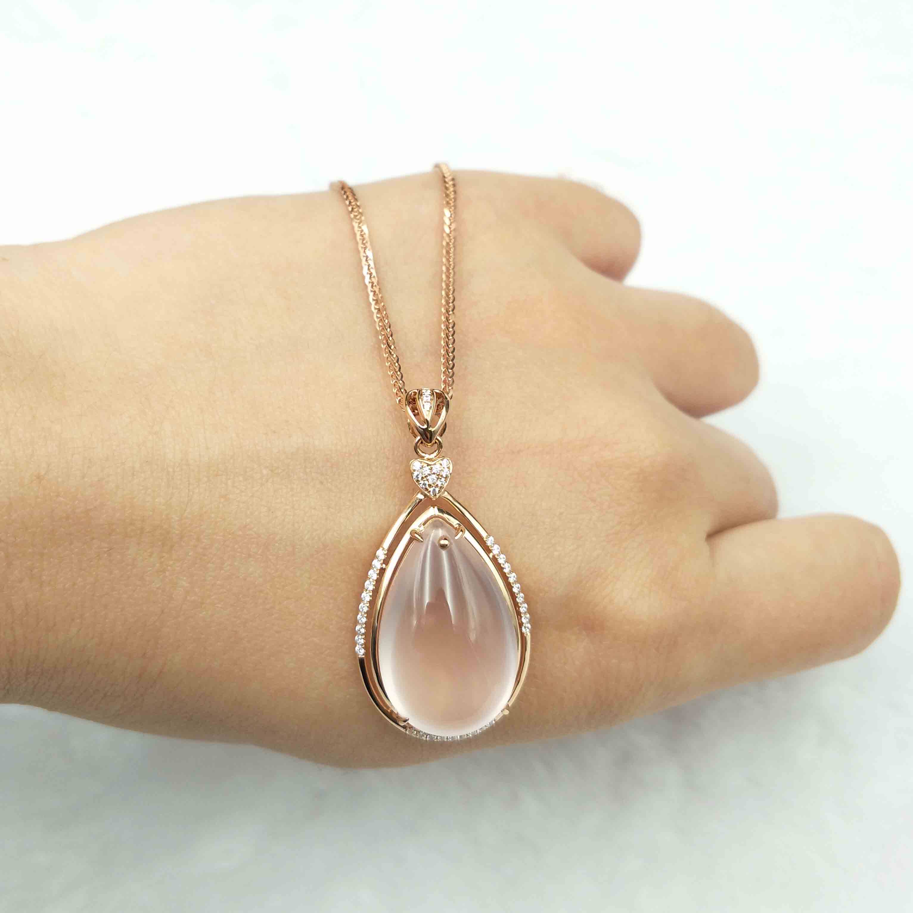 【即刻拍】绝当[9.9新]au750玫瑰金镶嵌天然粉水晶芙蓉石吊坠加链