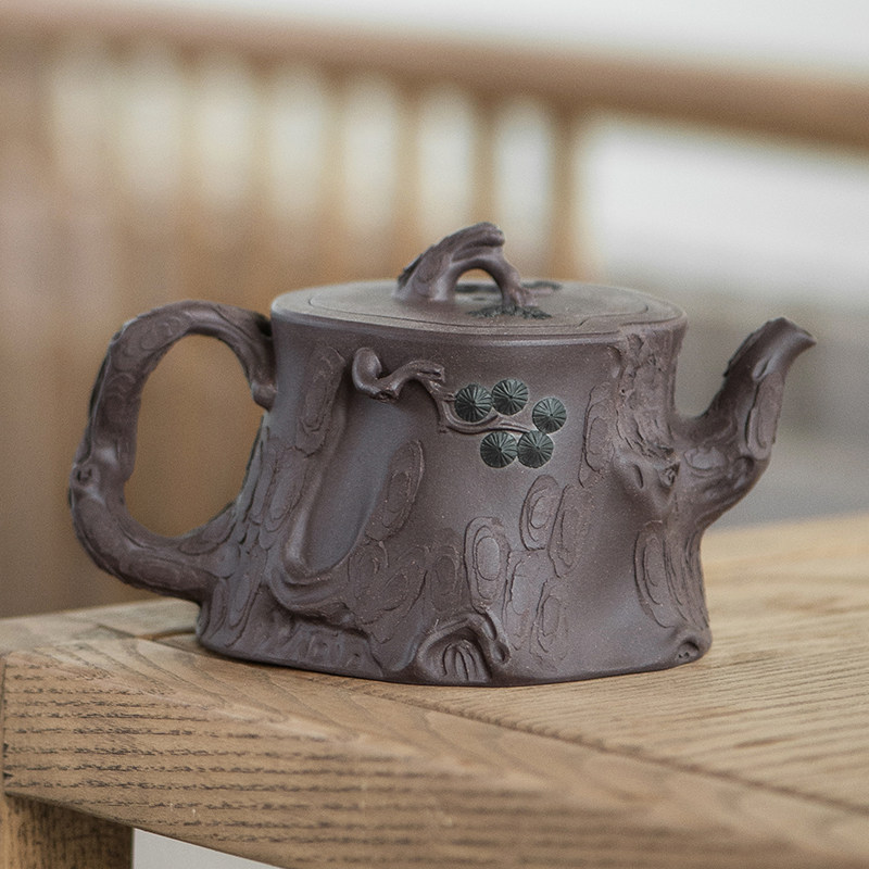 精美花器松桩壶2国工徐凤娟纯手工制原矿紫泥350cc雕刻紫砂壶