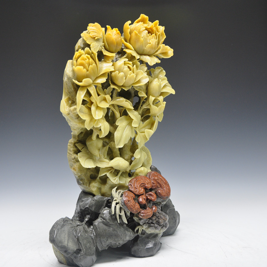 《花开富贵-国色天香》牡丹 花卉 青田石雕摆件 乔迁送礼