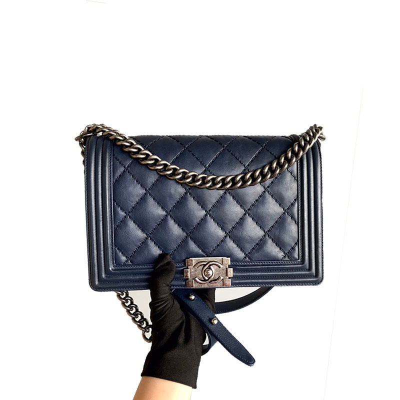 [98新]chanel/香奈儿leboy中大号小牛皮深蓝链条银扣单肩斜跨包