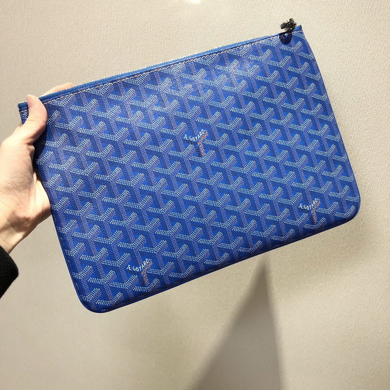 [中检][9.9新]goyard戈雅经典老花宝蓝色内拼黄色内里手拿包794gy