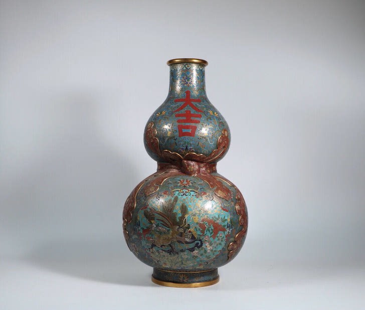古董古玩精品收藏海外回流清代景泰蓝大吉诗文葫芦瓶