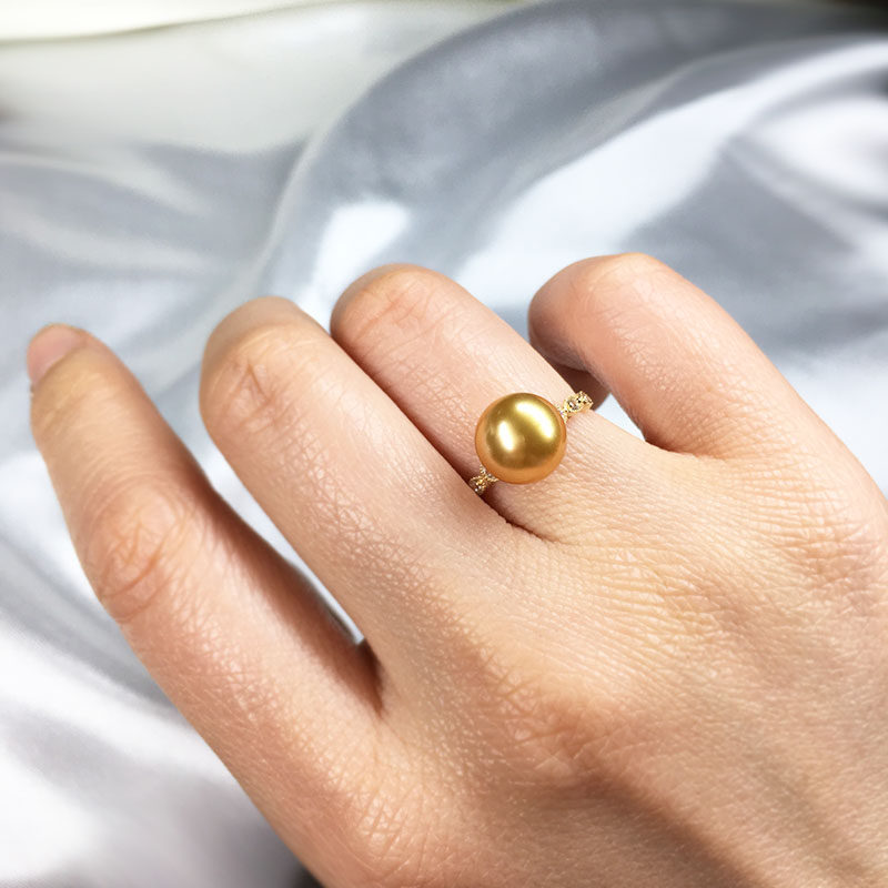 9-10mm南洋海水金珍珠戒指 浓金色 正圆强光 18k金镶嵌
