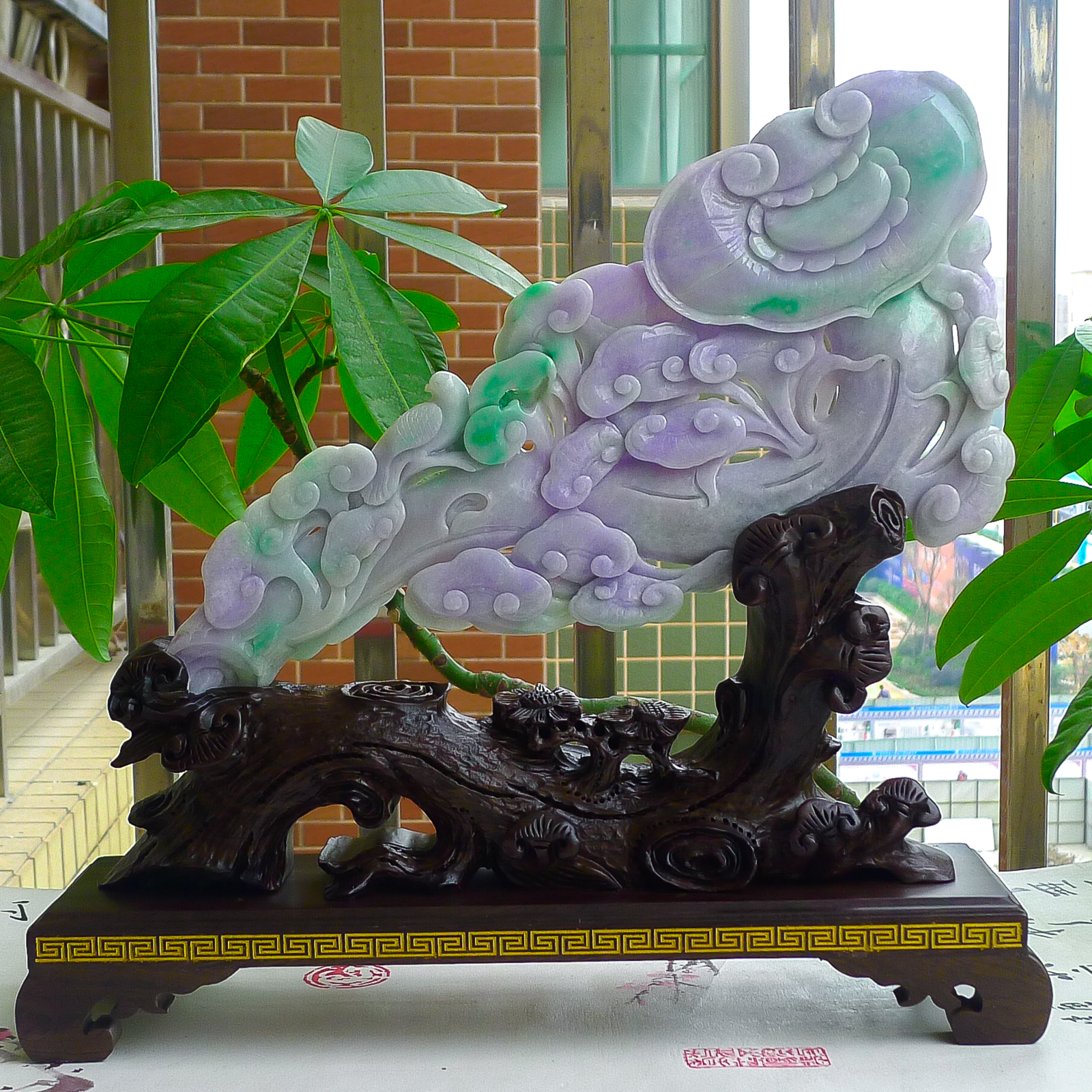 天然缅甸a货翡翠精雕春带彩如意摆件0.97kg