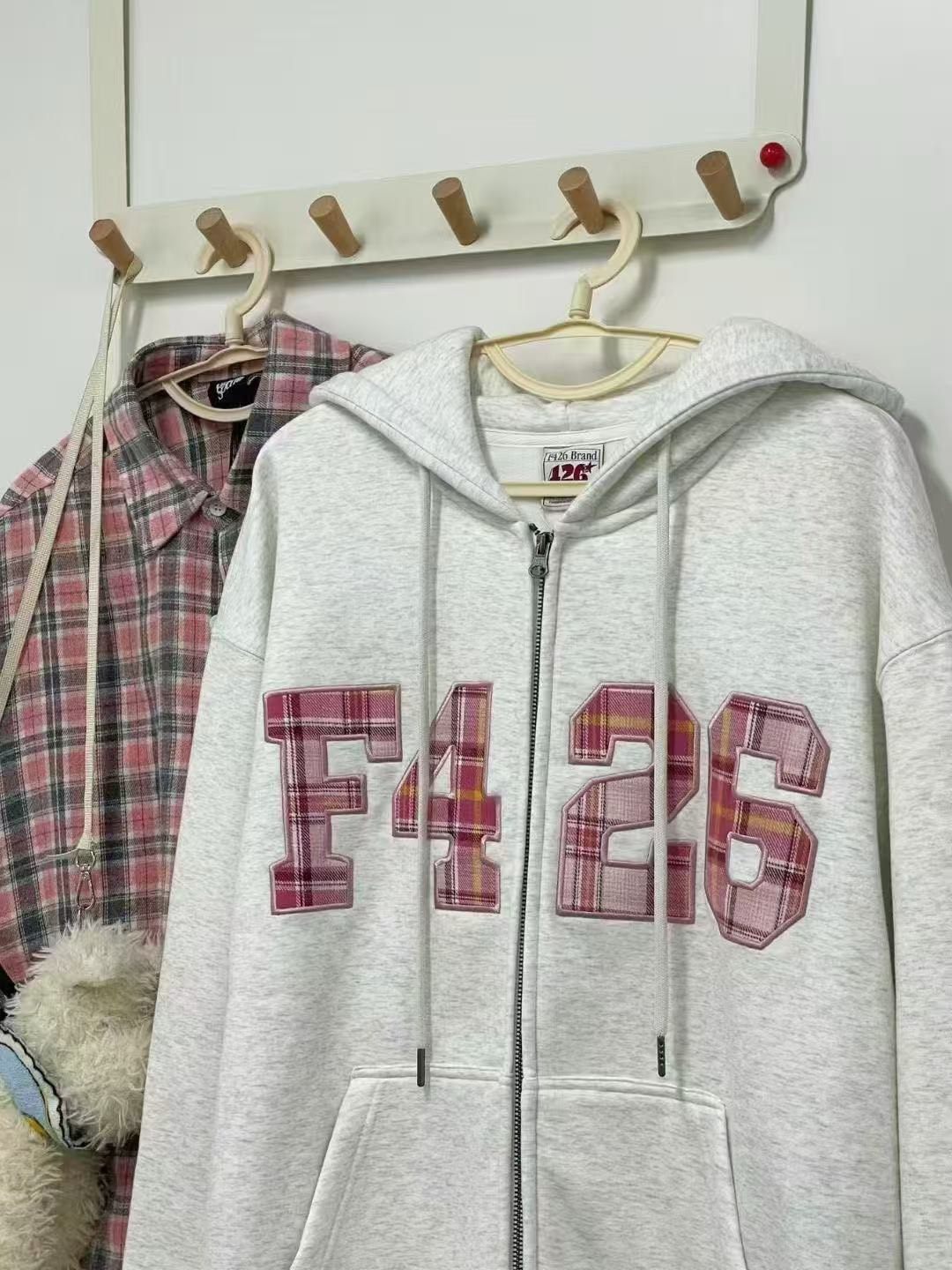 F426国潮牌春季情侣嘻哈宽松大logo格子贴布绣卫衣外套赵露思