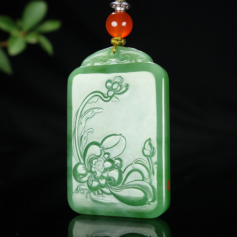王朝安工作室出品和田玉碧玉【花开富贵】莲花牌子挂件吊坠31.06g