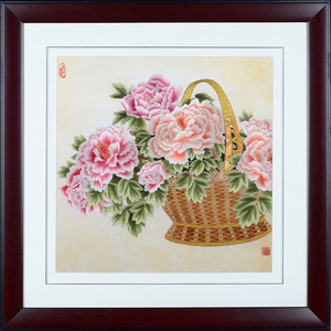 客厅74古吴女红74806748金吴针纯手工苏绣成品玄关装饰画牡丹花篮
