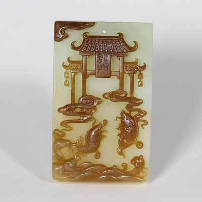 瑰丽糖色 和田玉糖白玉 鲤鱼跃龙门 玉牌 168g