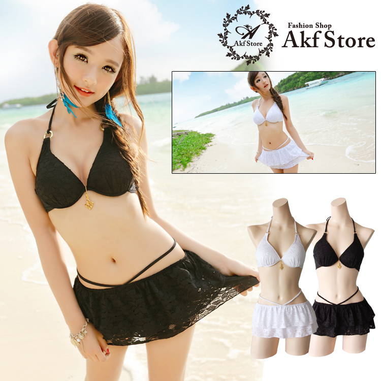 Japan AKF black and white sexy Lace Gather Bikini Fission Swimming suit Piece suit Small chest Skirtin the Sports/Yoga/Fitness/Fans supplies , Swim , Bikini category - from Buy2taobao.com to provide professional Taobao agent buy service