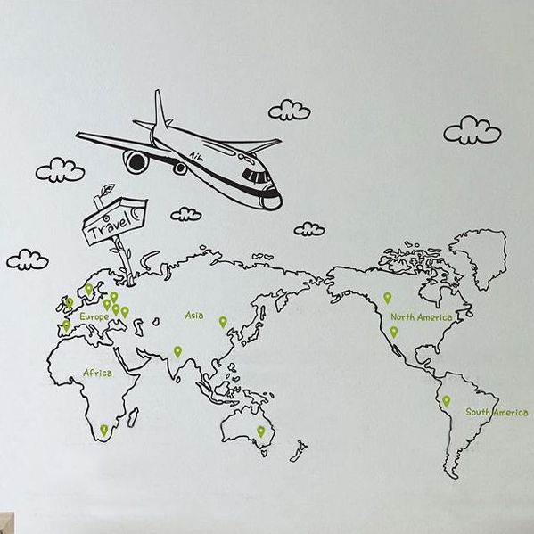 世界旅行地图飞机墙贴客厅沙发电视背景墙贴纸地中海壁贴