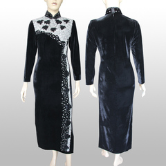 中老年女装正品 弹力金丝绒 纯手工镶珠片 黑色长旗袍6072长袖