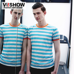 Viishow t cotton Street fashion mens striped short flashes small fresh men's round neck short sleeve t shirts Navy