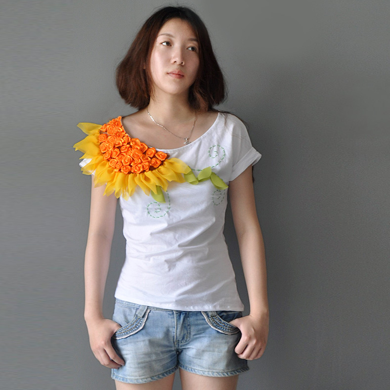 2018新款春装 日系小清新田园风女装手工仿真立体向日葵花短袖t恤