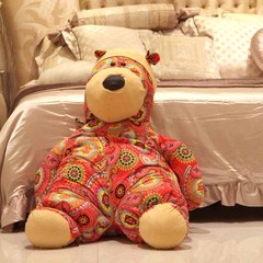 gododo毛绒玩具熊玩偶民族风花布创意玩具摆件大号抱枕娃娃礼品