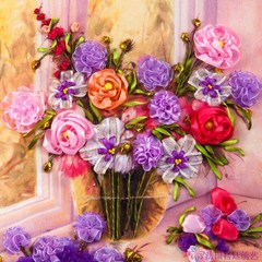 卡菲兰丝带绣客厅挂画卧室植物花卉3D十字绣套件彩印花淡彩胭脂