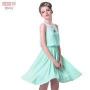 Linda summer 2014 new bi female simple and sunny t stitching lace sleeveless dress in pleated vest dress