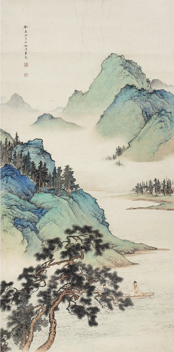 仿古画名画复制品陈少梅松溪放棹60x121厘米山水画国画装饰挂画心