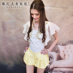 Shirts girls big pink doll summer 2015 new white/gold Lace trimming flying sleeves