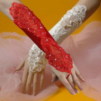 水城之恋婚纱礼服  手缝珠子新娘手套A333款  米白   红色
