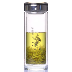 富光双层玻璃水杯 透明带盖过滤茶杯 黑晶玻璃杯子500ml