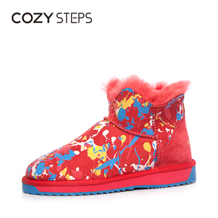 burberry塗鴉連體衣 COZY STEPS冬季羊皮毛一體短筒雪地靴時尚塗鴉保暖短靴女4D040 burberry