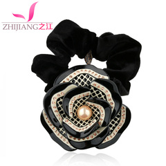 Pearl River flowers made circles of Camellia black string Korea rope hair tiara ponytail hair accessories