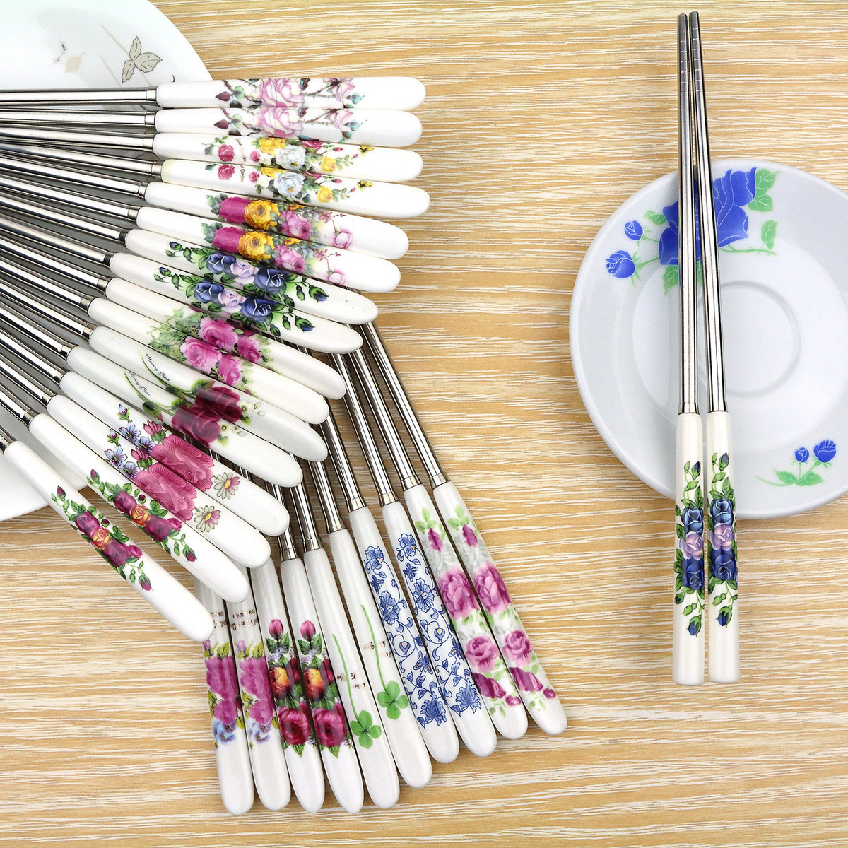 10双装韩式麋鹿陶瓷柄不锈钢筷子骨瓷筷防滑304金属家用筷子套装