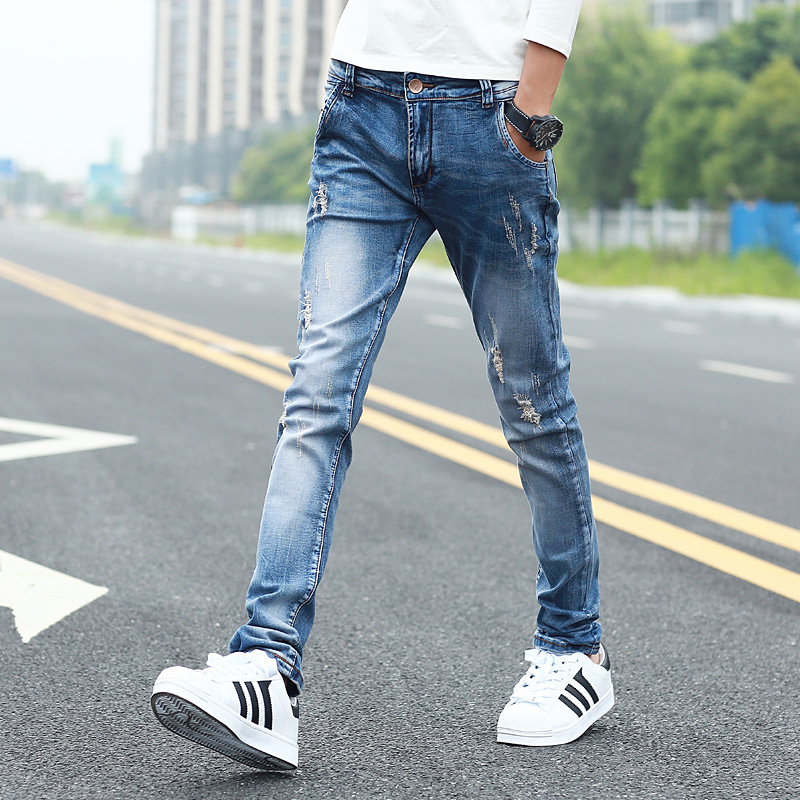 男裝2017秋鼕新款男褲青少年牛仔褲男修身牛仔長褲男破洞小腳褲潮