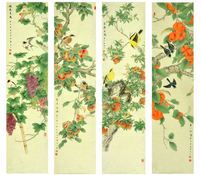 林夕 工笔画 精品《花鸟四条屏》