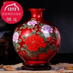 景德镇陶瓷器 客厅现代中国红水晶干花花瓶 电视柜摆件工艺品装饰