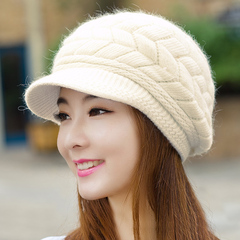 女士韩版秋冬天针织鸭舌贝雷帽子毛线帽兔毛帽潮冬季双层保暖护耳