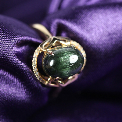 18k金猫眼绿碧玺戒指3.8克拉 配钻18颗xr98 可改圈 玺瑞德珠宝