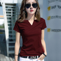2016夏新款女装打底衫韩版修身大码显瘦半袖纯棉短袖T恤女V领红色