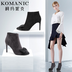 柯玛妮克 2016新款冬季羊S拼接织带高跟女鞋 圆头拉链细跟短靴女