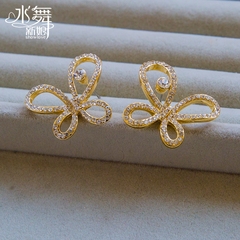 Beauty is just too pure hand Golden bow inlaid dazzling Flash diamond-stud earring bridal wedding jewelry H0269