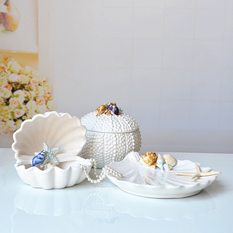 地中海陶瓷贝壳摆件海螺珊瑚客厅装饰品海洋首饰盒白色果盘工艺品