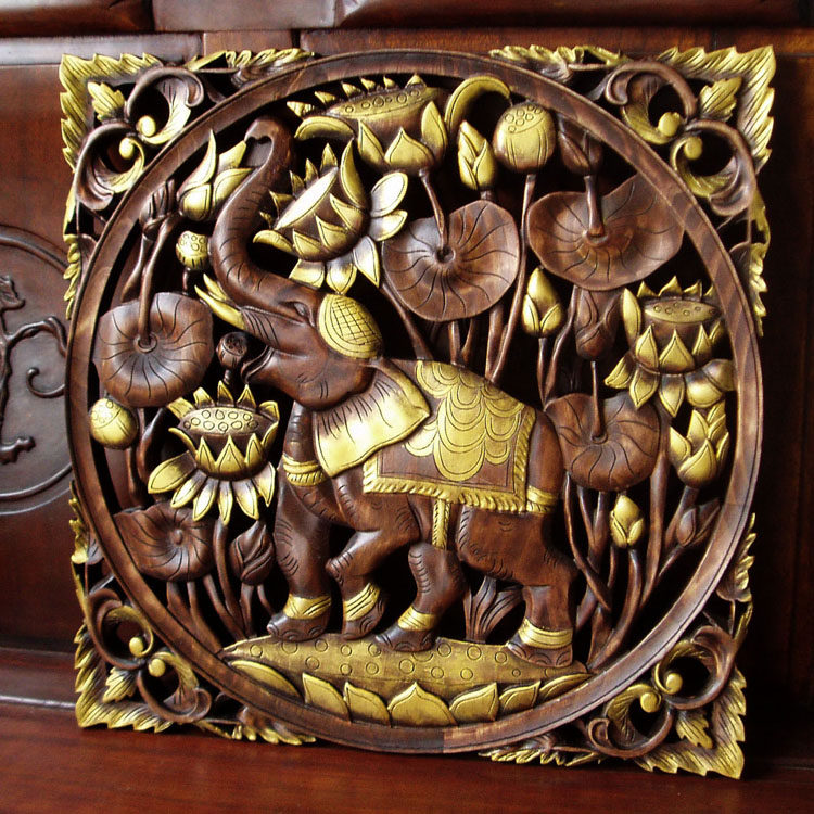 热销新款泰国异域风情大象装饰壁画 方形木雕玄关背景壁饰55 包邮