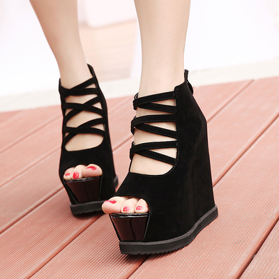 韩版性感夜店鱼嘴凉鞋超高跟鞋坡跟厚底防水台洞洞鞋女 1169-19