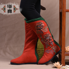 Tube thickened in the Chinese dance casual winter boots warm cotton boots national wind women's boots with embroidery Peony