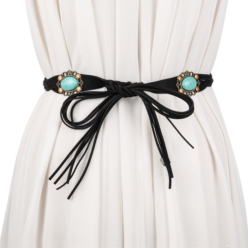 女士民族风编织腰带细韩版皮带百搭时尚打结窄宝石裤带裙带