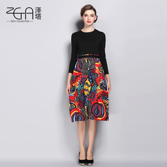 ZETA原创设计秋冬新款修身印花连衣裙高腰打底中长款裙30-35岁