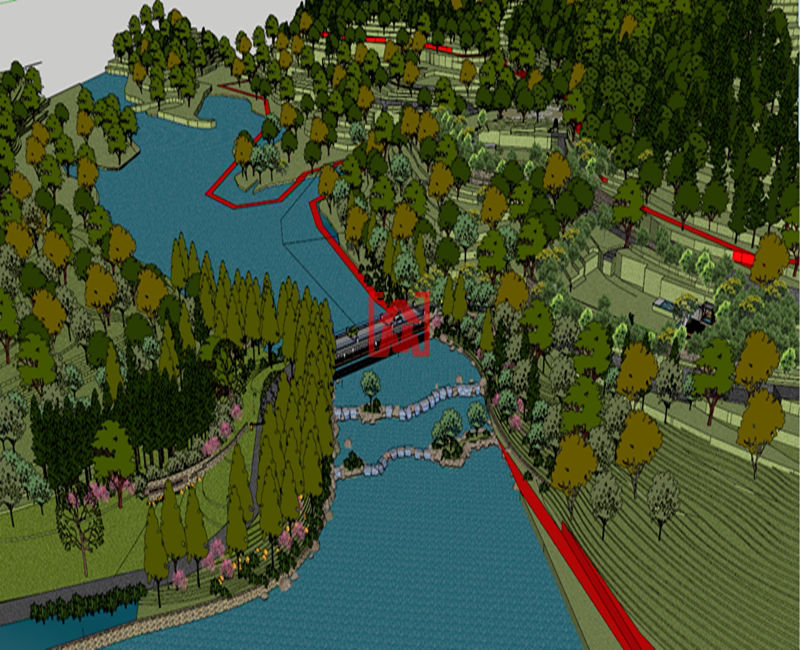 现代公园广场廊架长椅座椅坐凳残跌水阶梯草坡台阶草图大师su