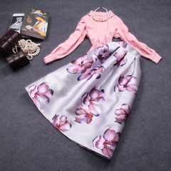 2015 spring new two-piece elegant ladies vintage flower prints #