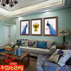欧式沙发背景墙装饰画客厅壁画餐厅墙画有框画美式三联画蓝孔雀