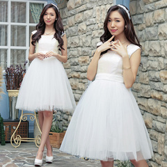 白色新娘婚纱蓬蓬裙 双肩绑带短款宴会表演晚礼服 姐妹伴娘礼服裙