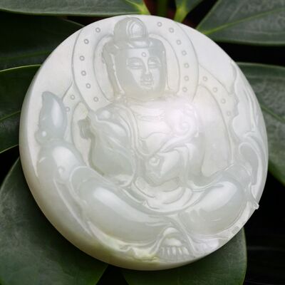 中国四大名玉 独山玉冰白如意观音挂件 49.52克