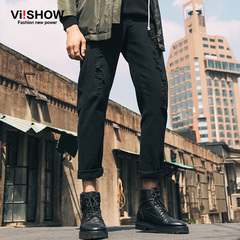 viishow2015秋冬新款牛仔长裤 欧美时尚破洞牛仔裤男 黑色修身潮