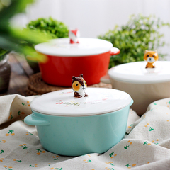 可爱卡通泡面碗带盖双耳陶瓷大碗创意日式餐具学生饭碗汤碗面碗