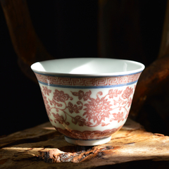 景德镇瓷器 全手工手绘青花釉里红茶具茶杯 仿古缠枝纹闻香杯