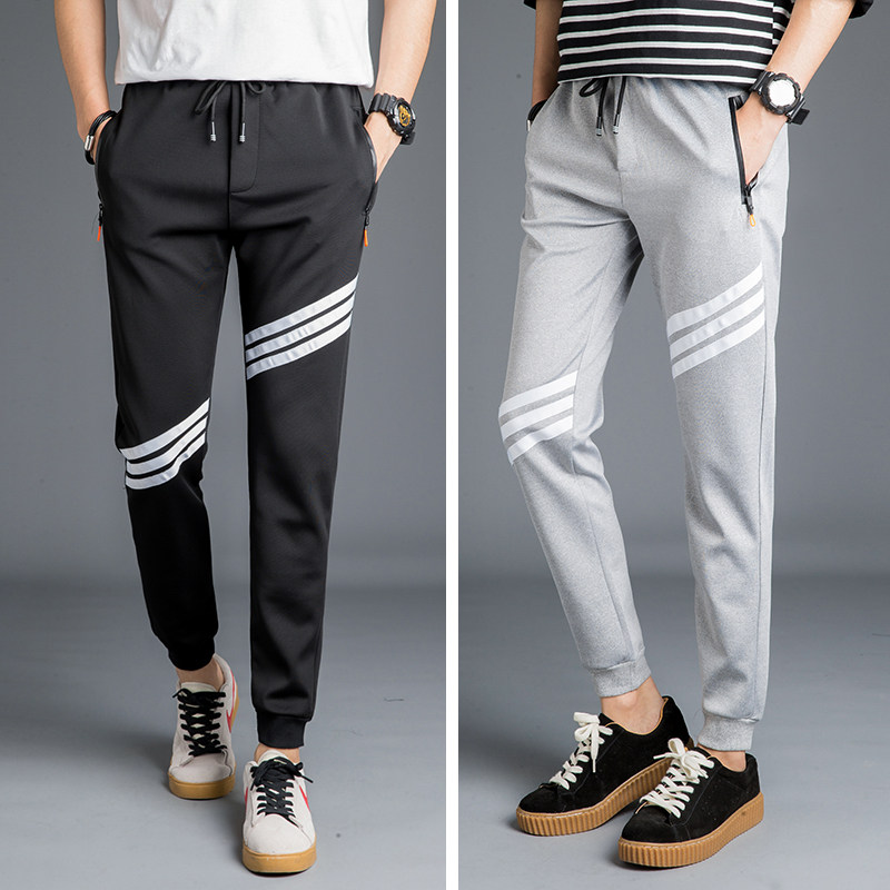 夏季薄款小腳運動褲男士休閑褲哈倫褲長褲子九分韓版修身衛褲收口